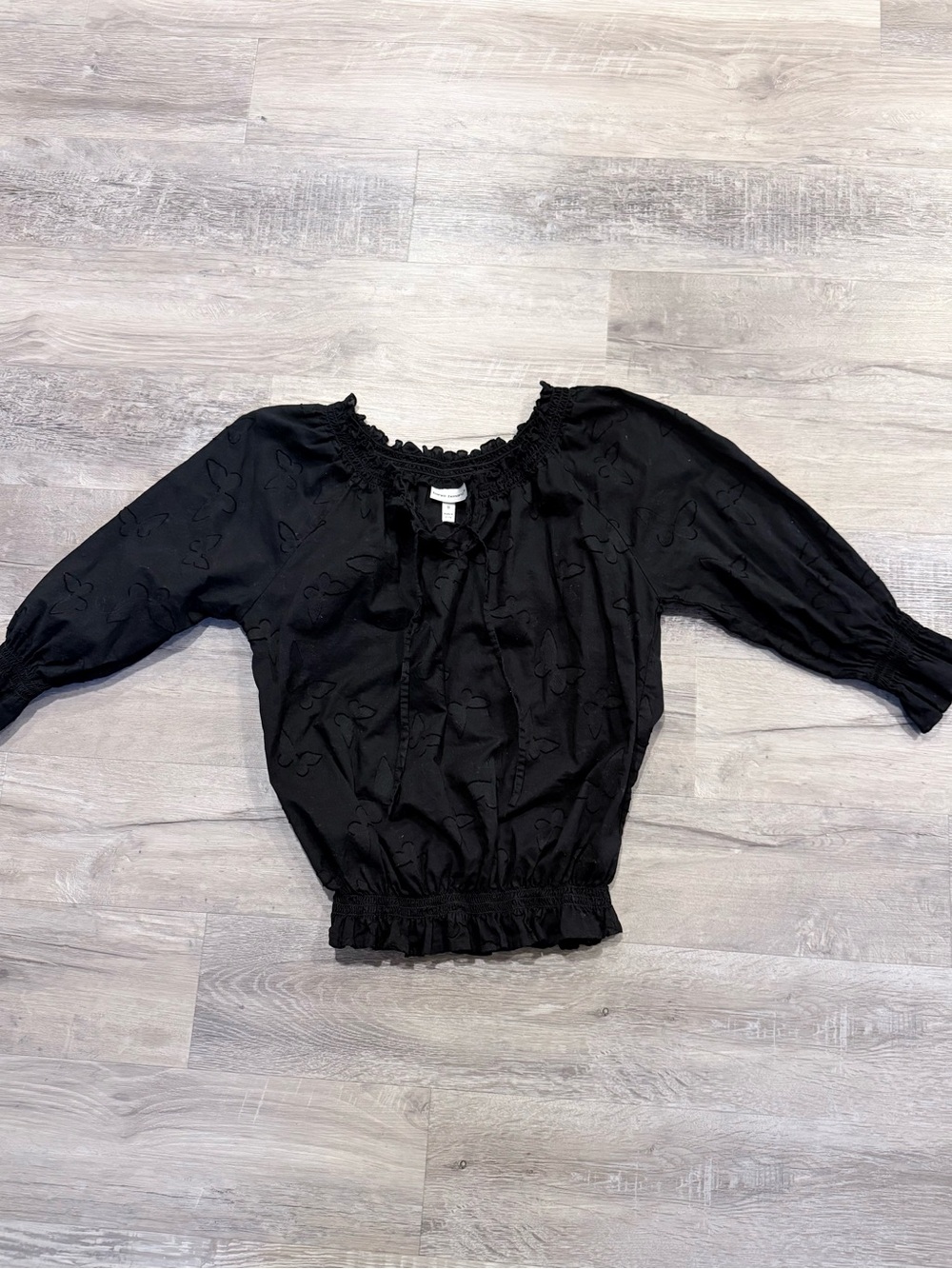 Women’s Black Smocked-Neck Butterfly-Embossed Blouse